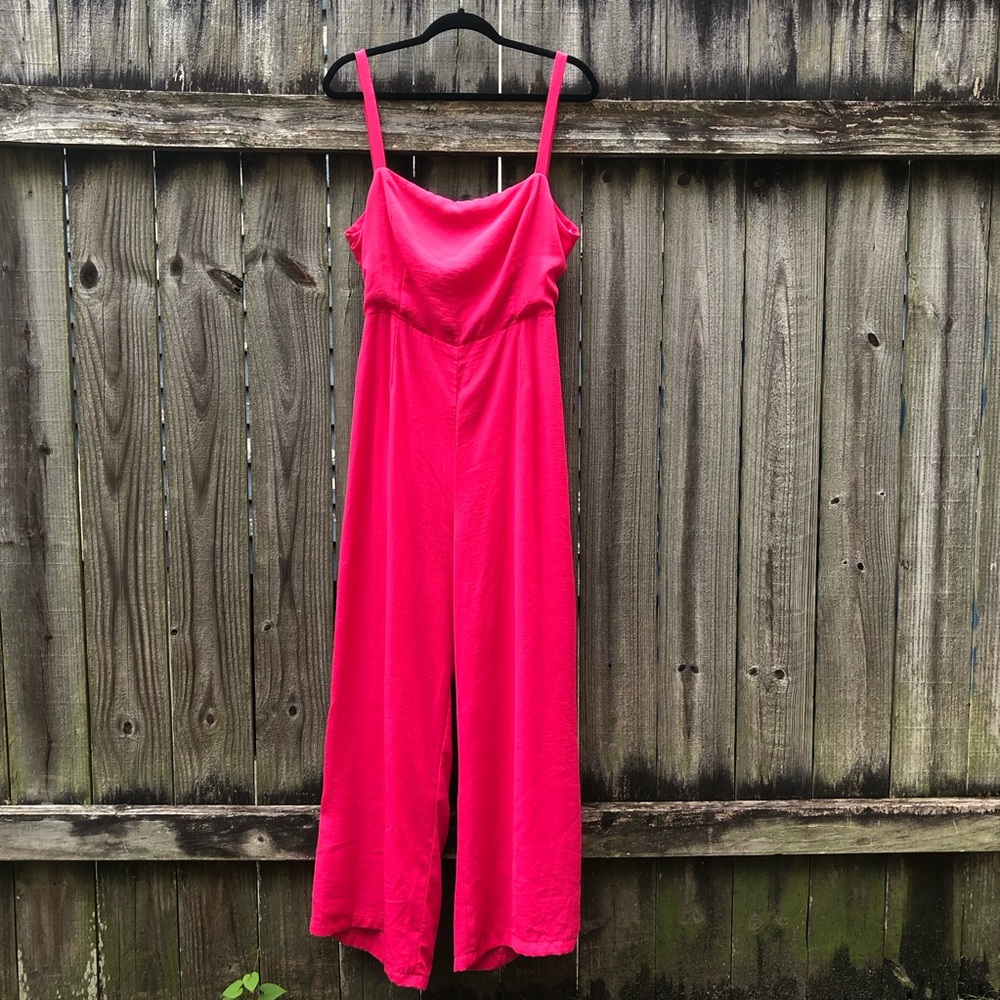Lulus Hot Pink Wide Leg Jumpsuit Size XL Square Neck Tie Back Backless